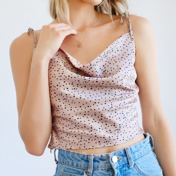 Princess Polly Tops - blush polka dot silk cropped cami cowl top